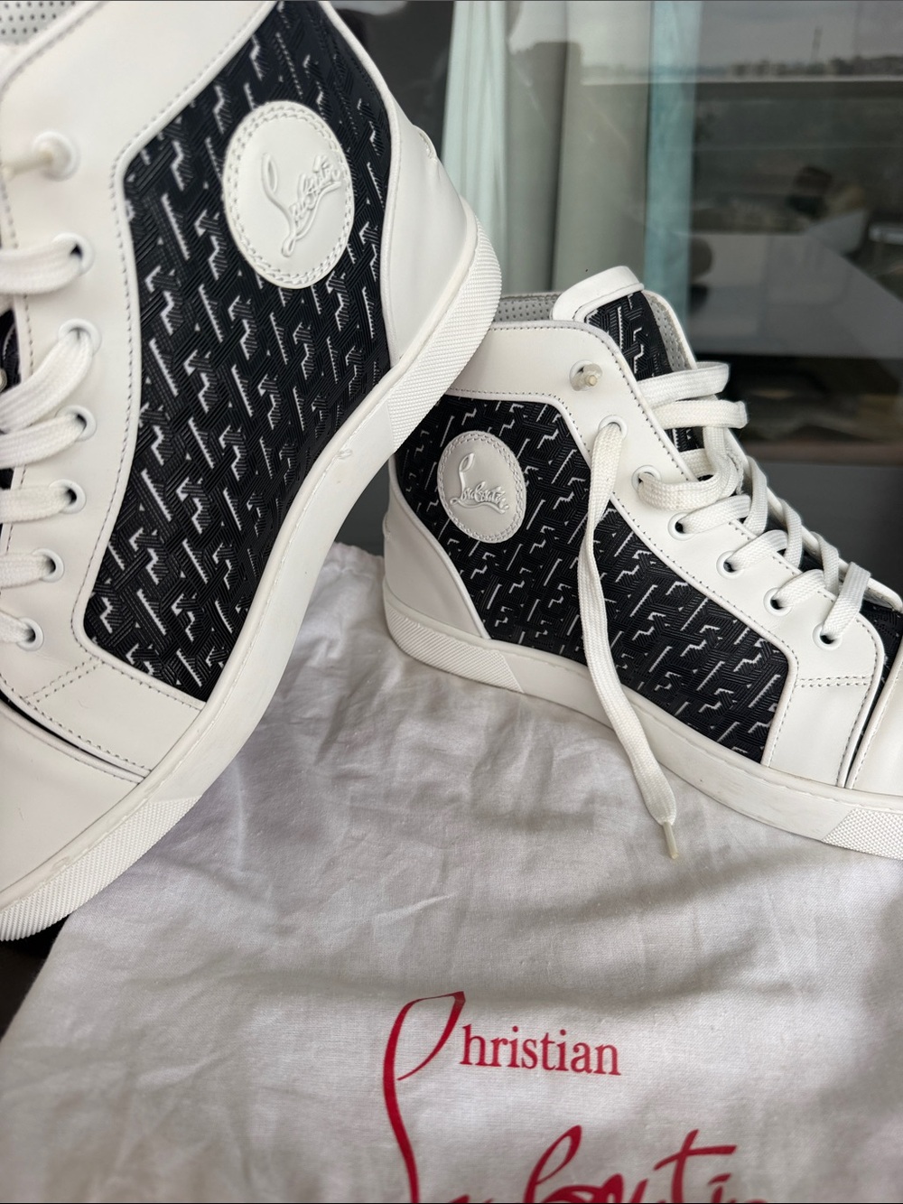 Christian Louboutin White and Black High-Top Logo-Panel Sneakers